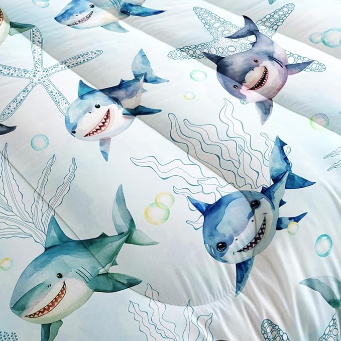 Boys Blue Ocean Shark Comforter Set Queen Size Shark Starfish Bedding Sets Seaweed Quilt Bed Set for Kid Girls with 1 Comforter and 2 Pillowcases