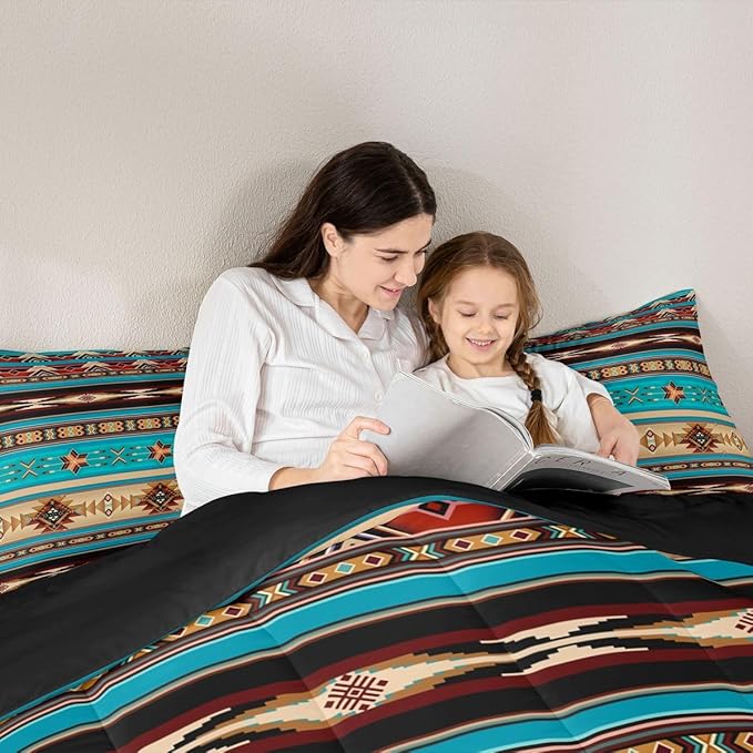 Aztec Bedding Set Ethnic Tribal Arrow Queen Comforter Set,Vintage Southwestern Native Bohemian Quilt,Western Star Duvet Insert Exotic Geometric Diamond Stripes Room Decor,Teal Blue and Brown