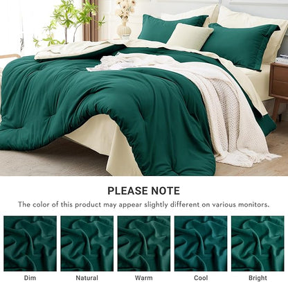 MUXHOMO 7 Pieces Full Comforter Set, Soft Bed in a Bag Full Size, All Season Bedding Set with Comforter, Flat Sheet, Fitted Sheet, Pillowcases & Shams, Peacock Blue & Ivory