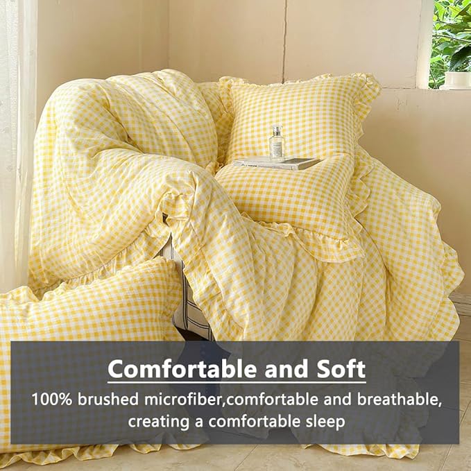 NSNLGSGC Yellow Ruffle Gingham Comforter Set Queen, Pre-Washed Ruffled Plaid Checked Comforter Bedding, 3 Pieces Vintage Farmhouse Grid Bedding Set(Yellow Gingham, Queen)