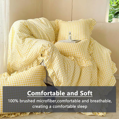 NSNLGSGC Yellow Ruffle Gingham Comforter Set Queen, Pre-Washed Ruffled Plaid Checked Comforter Bedding, 3 Pieces Vintage Farmhouse Grid Bedding Set(Yellow Gingham, Queen)