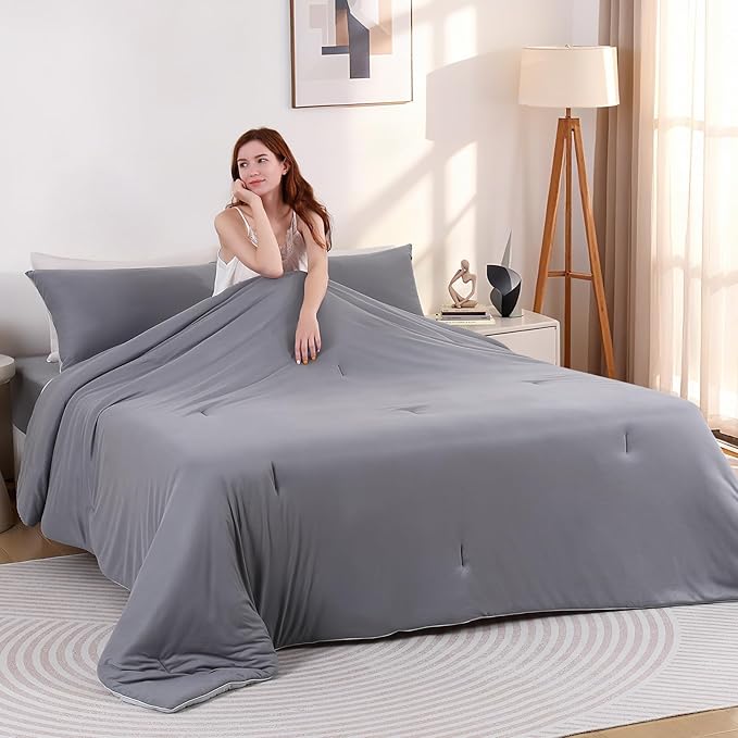 Elegear King Comforter Set Gray, PCM Tech Ultra-Soft Bedding Set, 2Pcs Upgraded Micro Fleece Lightweight Breathable Comforter Set All Season, 1 Reversible Comforter 102x90, 2 Zipper Pillowcases 20x36