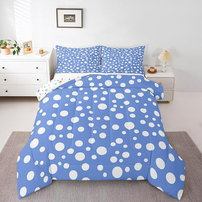 Manfei White Polka Dots Teens Comforter Set,French Style Cute Dots Print Bedding Set All Season,Blue White Simple Geometric Circles Comforter 3 Pcs with 2 Pillowcases,Queen Size