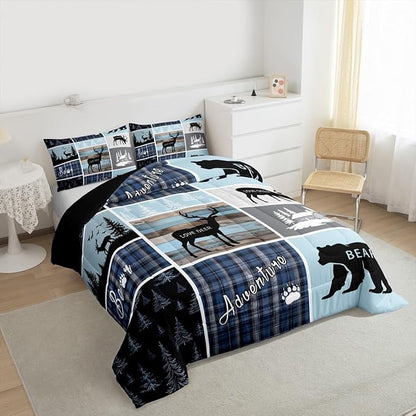 Cabin Rustic Bedding, Full Bear Deer Woodland Animals Comforter Set For Kids Boys Teens Adult, Wildlife Hunting Lodge Quilt Blue Patchwork Plaid Duvet Insert Vintage Country Farmhouse Down Comforter
