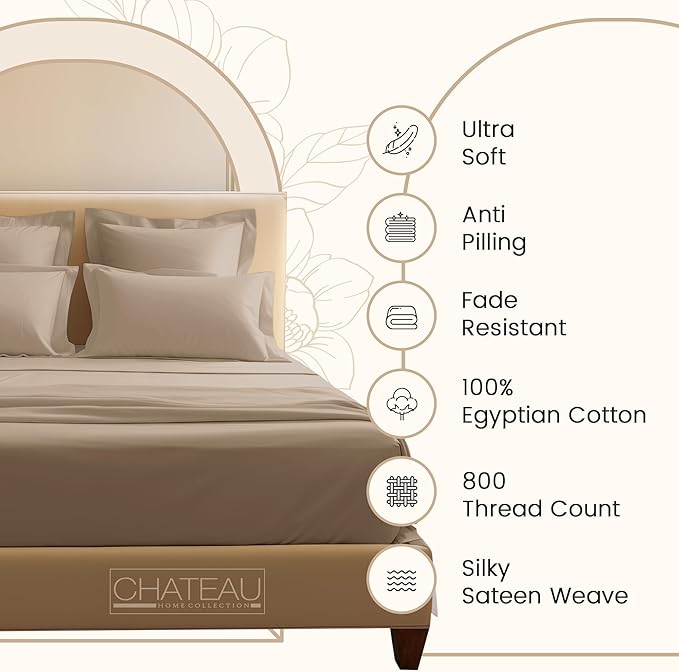 CHATEAU HOME COLLECTION King Sheet Set, 100% Cotton Bed Sheets King Size Sheets Deep Pocket Set, 800 Thread Count Sateen Weave 4 Piece Luxury Bedding, Soft & Breathable No Pill Fade Resistant- Taupe