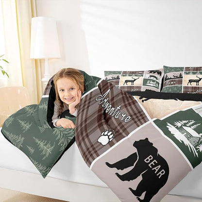 Rustic Cabin Lodge Bedding Full Size, Bear Deer Elk Comforter Set Vintage Farmhouse Adventure Quilt Woodland Forest Animal Grid Claw Bedding Comforter Sets Rustic Farmhouse Home Decor, Green Brown
