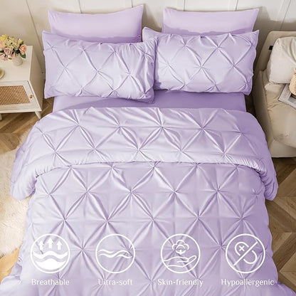 JOLLYVOGUE Full Size Comforter Sets 7 Pieces - Bed in a Bag Full for All Season, Pintuck Bedding Comforter Sets with Comforter, Flat Sheet, Fitted Sheet and Pillowcases & Shams, Light Purple