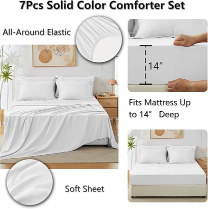 CozyLux Full Comforter Set White, 7 Pieces Bed in a Bag Soft Bedding Comforter Set with Sheets, All Season Boho 7PC Bed Sets with Comforter, Fitted Sheets, Flat Sheets, Pillow Shams and Pillowcases