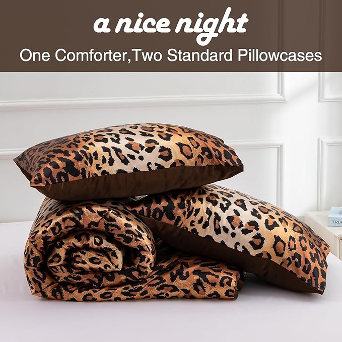 A Nice Night Leopard Printed，Coffee Brown Satin Silky Soft Quilt Sexy Luxury Super Soft Microfiber Comforter Quilt Bedding Comforter Set Full/Queen, Light Weighted (Coffee, Queen(88-by-88-inches))