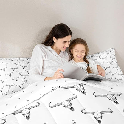 Erosebridal Bull Skull Comforter Set Toddler Ethnic Bohemian Bedding for Men Boys | Tribal Steer Skull Wildlife Aztec Bedroom Decor Farmhouse Cabin Lodge Duvet Insert with 1 Pillow Case,Black White