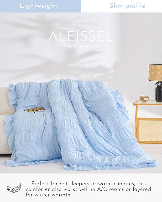 Light Blue Queen Comforter Set, Seersucker Vintage Comforter Ultra-Soft Blue Bedding Set Queen Size 3 Piece Set, Down Alternative Lightweight Comforter Set (Blue, Queen 90"x90")