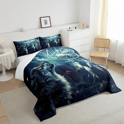 Erosebridal Hunting Wolf Queen Comforter Set,Dream Catcher Wolf Bedding Set for Men Women Room Decor,Wild Animal Safari Bed Set Boho Exotic Ethnic Bedding Comforter Sets,2 Pillowcases