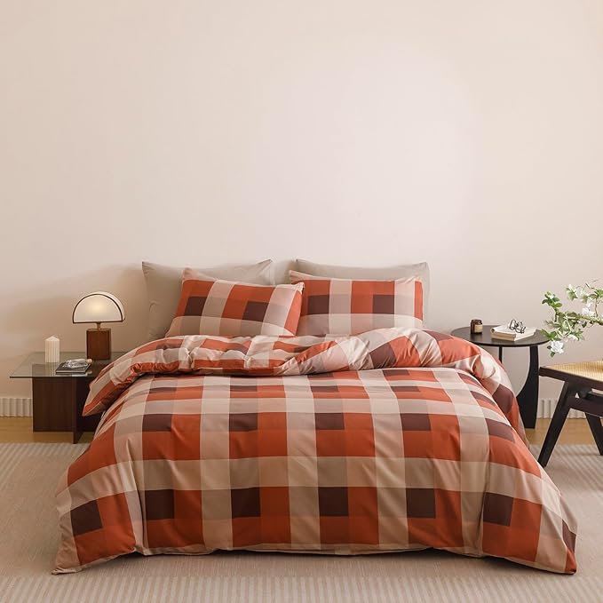 CLOTHKNOW Rust Khaki Plaid King Size Comforter Set Gingham Bedding Comforter Sets Geometric Comforter King Sets with 2 x Pillow Cases