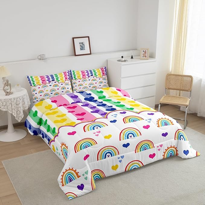 Manfei Cute Rainbow Kids Comforter Set Toddler Size,Watercolor Love Heart Dreamy Bedding Set,Girls Women Room Decor,Colorful Geometric Stripes Patchwork Down Comforter,Chic Duvet Insert,1 Pillowcase