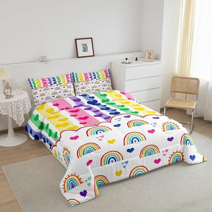 Manfei Cute Rainbow Kids Comforter Set Toddler Size,Watercolor Love Heart Dreamy Bedding Set,Girls Women Room Decor,Colorful Geometric Stripes Patchwork Down Comforter,Chic Duvet Insert,1 Pillowcase