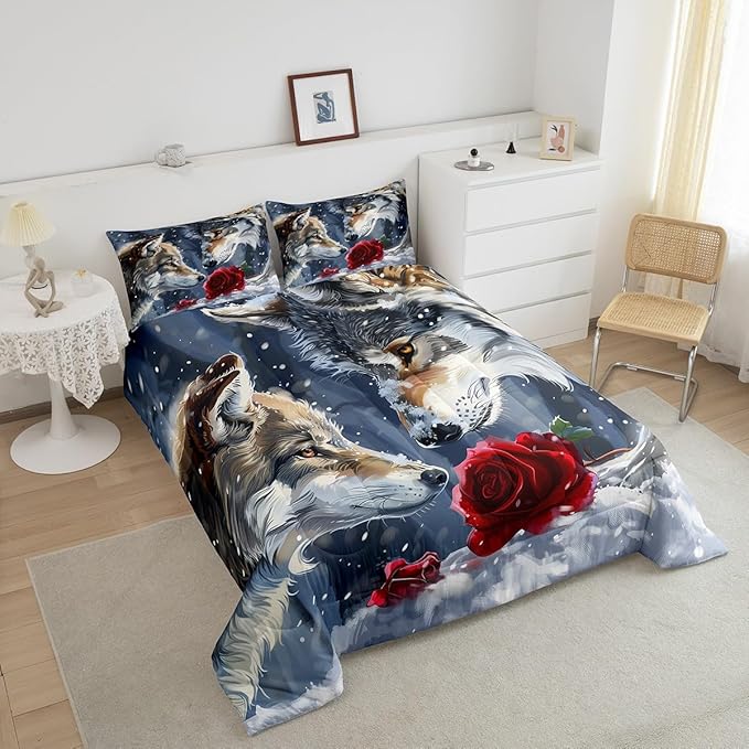 Erosebridal Wolf King Comforter Set,Hunting Wolf Bedding Set for Women Men Room Decor,Wildlife Animal Safari Quilt Set Exotic Red Rose Flower Bedding Comforter Sets,2 Pillowcases