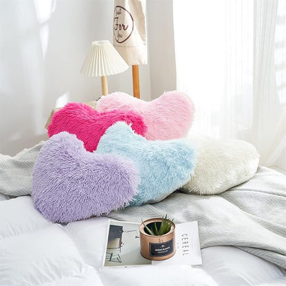 MOOWOO Fluffy Heart Pillow Gift for Girls Kids, Shaggy Plush Faux Fur and Sherpa, Cute Soft Throw Cushion Gift for Thanks Giving,Mothers Day,Valentines Day Decor,Heart Shaped (Blue)