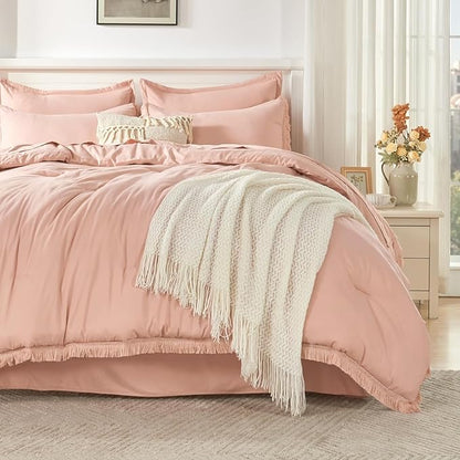 Andency Oversized King Comforter Set Pink 120x98-7 Pieces Boho Tassel Bed in a Bag Soft Lightweight Bedding Sets, Fringe All Season Bed Set with Comforter, Sheets, Pillowcases & Shams