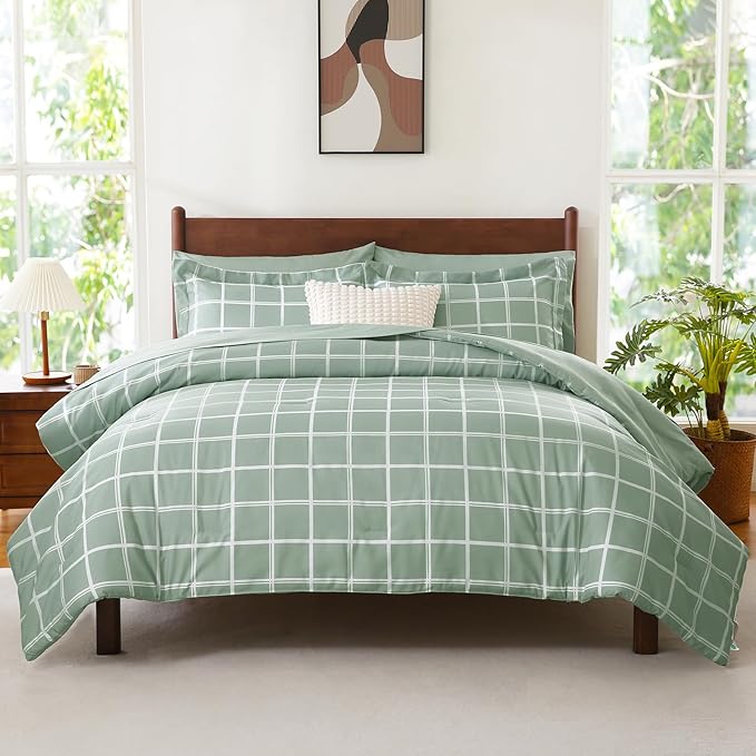 CozyLux King Size Comforter Set Sage Green - 7 Pieces Plaid Bed in a Bag Set, Soft Bed Set King Bedding Sets with All Season Quilted Comforter, Flat Sheet, Fitted Sheet, Pillowcases & Pillow Shams