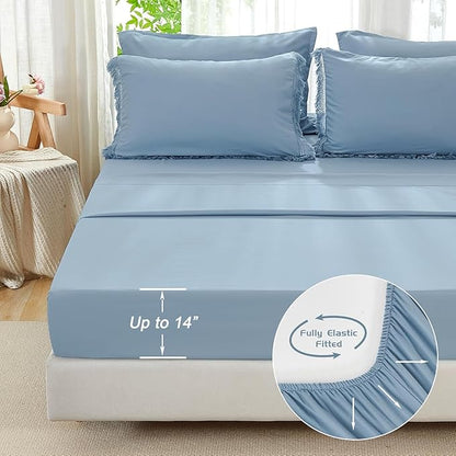 Andency Oversized King Comforter Set with Sheets 120x120 Grayish Blue - 7 Pieces Boho Tassel Bed in a Bag Soft Lightweight Bedding Sets, Fringe Bed Set with Comforter, Sheets, Pillowcases & Shams