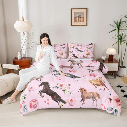 Erosebridal Horse Comforter Set King for Cowboy Cowgirl,Pink Rose Petal Bedding Set for Youth Adult,Rustic Horse Quilt for Bedroom Decor,Western Farmhouse Wildlife Down Comforter with 2 Pillowcases