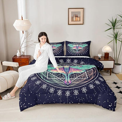 Erosebridal Moth Comforter Butterfly Bedding Set Queen Size Gothic Decor Down Comforter Geometric Comforter Set Halloween Duvet Set for Kids Boys Girls Teens Room Dorm Decorative, Navy Blue