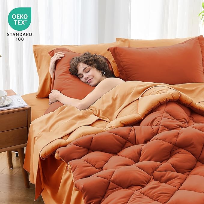 MUXHOMO 5 Pieces Twin Comforter Set, Reversible Bed in a Bag Twin Size, All Season Bedding Set with Comforter, Flat Sheet, Fitted Sheet, Pillowcases & Shams, Burnt Orange & Camel