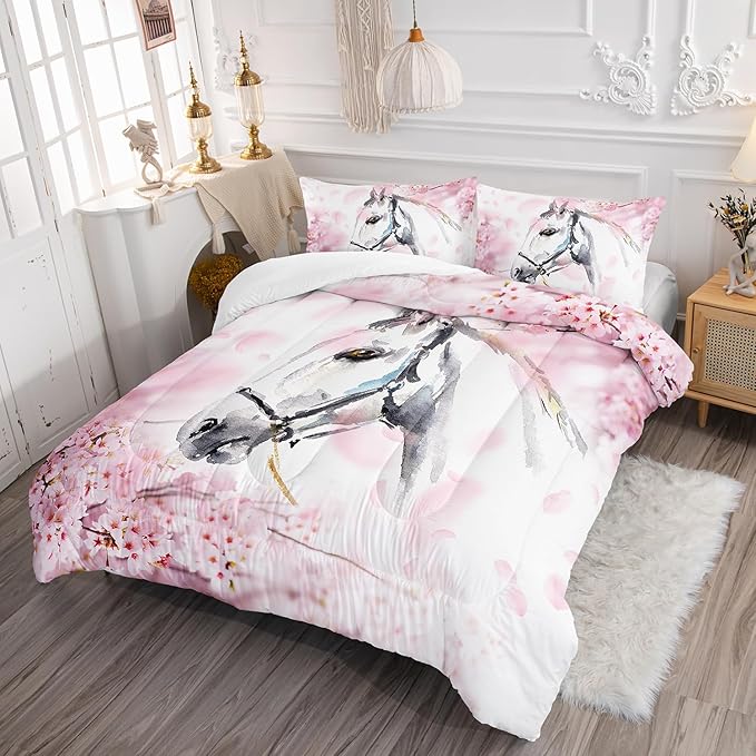 Kid Horse Comforter Set Twin Room Floral Animal Theme Handsome Horse Chic Cherry Blossom Bedding Set Wild Animal Decor Quilt Set for Girls Adult, 1 Comforter + 2 Pillowcases