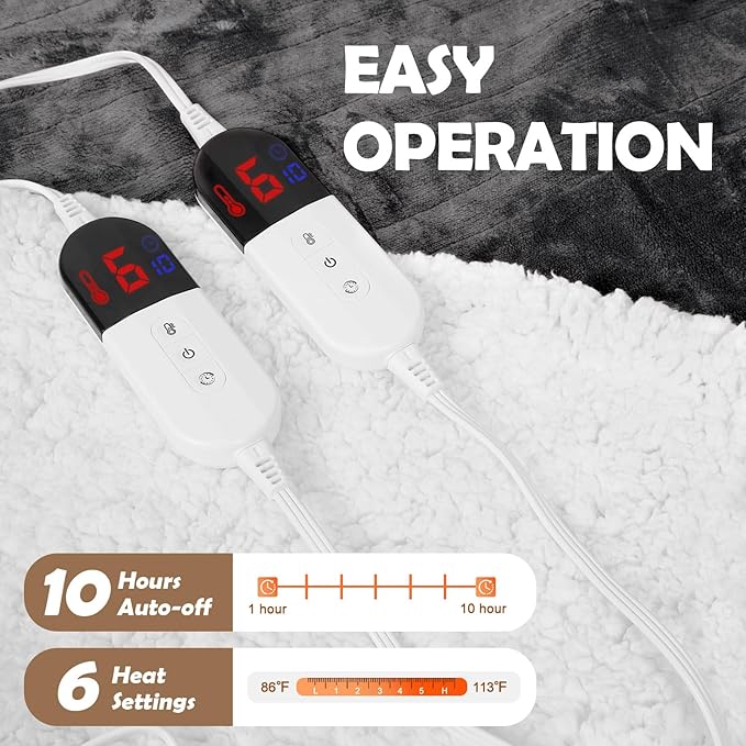 HOW'S MY HOUSE Heated Blanket 90" x 100", Dual Control Electric Blanket King Size with 10 Time Settings & 6 Heating Levels, Over-Heat Protection, Flannel Sherpa Super Cozy with ETL Certification, Gray