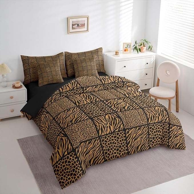 Brown Leopard Print Full Comforter Set 7 Pcs,Cheetah Zebra Skin Kids Comforter Blanket,Geometric Grid Splicing Bedding Sets with Comforter,Flat Sheet,Fitted Sheet,Pillowcases and Pillow Covers