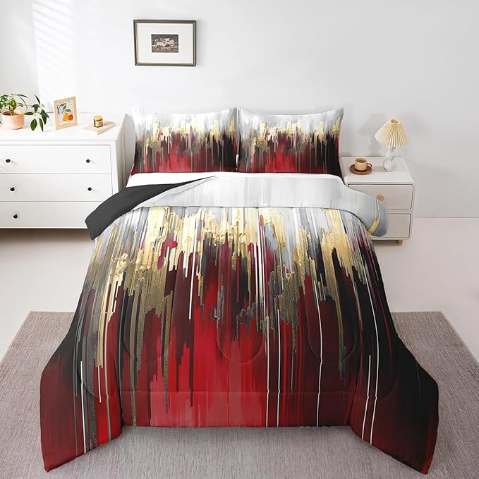 Erosebridal Burgundy Bedding Full Graffiti Ombre Comforter Set, Brush Strokes Oil Painting Down Comforter Modern Contemporary Bedding Comforter Sets, Gold Metallic Abstract Gradient Duvet Insert 3pcs