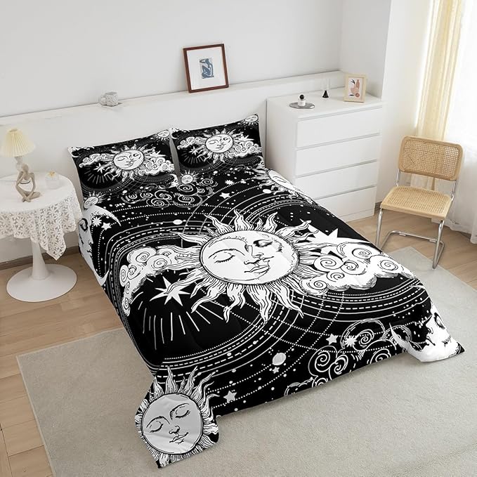 Erosebridal Black White Sun Moon Bedding Set Queen Size Hippie Comforter Set, Boho Exotic Home Decor Down Comforter Modern Kid Teen Boy Girls Bohemian Indian Duvet Insert for Bedroom