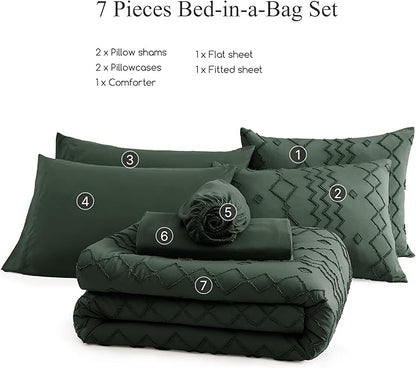 Queen Comforter Set Dark Green, Tufted Boho Bedding Farmhouse Bed Set, All Season 7 Pieces Bed in a Bag with Sheets, Pillowcases & Shams