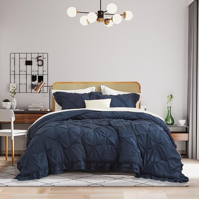 Navy Blue Comforter Sets for All Seasons Twin XL Duvet Insert Ruffled Pinch Pleated 3 Pieces Washed Bed Quilt Set Solid Pintuck Soft Lightweight Bedding Set with 1 Comforter and 2 Pillowcases