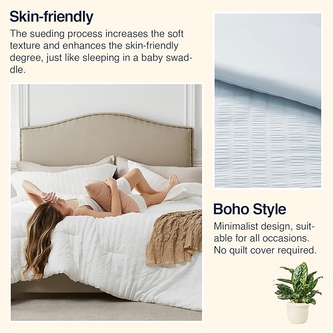 SkyBlue Full Comforter Set - 3 Pieces Seersucker Lightweight Bedding Comforter Sets (1 Soft Fluffy Comforter & 2 Pillowcases) - All Seasons Cozy Modern Bed Sets