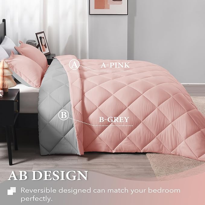 downluxe Queen Comforter Set - Pink and Grey Queen Comforter, Soft Bedding Sets for All Seasons - 3 Pieces - 1 Comforter (88"x92") and 2 Pillow Shams(20"x26")
