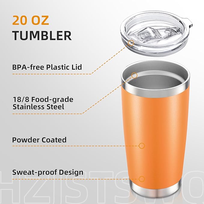 20 oz Tumbler with Lid Stainless Steel Insulated Tumblers Double Wall Vacuum Coffee Mug Powder Coated Tumbler Cups for Cold and Hot Drinks, Orange, 1 pack