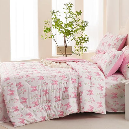 Pink Bow Comforter Set Twin 2Pcs Pink Floral Bedding Set for Girls Kids Romantic Princess Style Bowknot Bedding Ultra Soft Reversible Garden Flower Comforter Sets with 1 Pillowcase