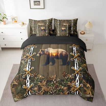 Cabin 7 Piece Comforter Set Full Bed in a Bag | Botanical Leaves Bear Bedding Sets Mens Camouflage Comforter and Sheet Set, Woodland Animals Country Bed Sets,Hunting Rustic Farmhouse Decor