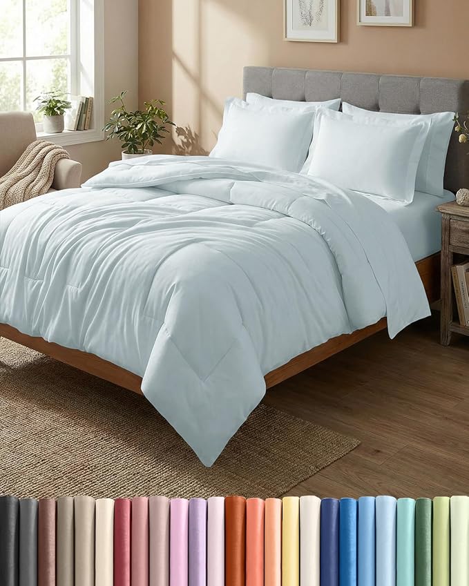 Full Comforter Set - 7 Piece Bed in a Bag Full Size Bed Set - Down Alternative Comforter, Flat Sheet, Fitted Sheet, Pillowcase & Shams for All Seasons - Ultra Soft, Cozy, Comfy & Breathable - Ice Blue