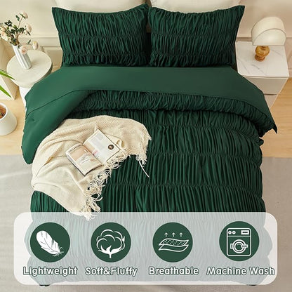 PERFEMET King Size Comforter Set Emerald Green 5 Pieces Solid Fluffy Ruched Bedding with Sheet Set Luxury Soft Pleated Texture Bed in a Bag All Season Boho Farmhouse Ruffle Bed Sets, 104"x90"