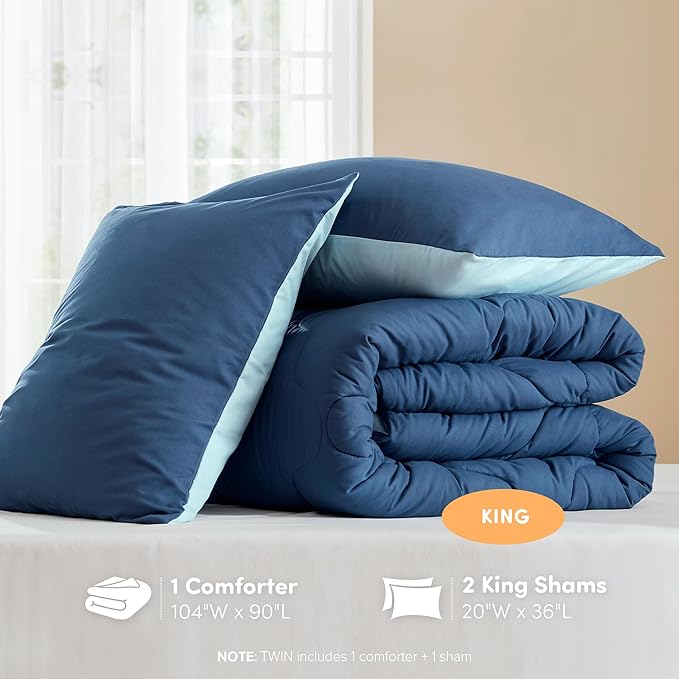 Comfort Spaces King Comforter Set Vibrant Reversible Comforters King Size Quilted Bedding Set, All Season Lightweight Bedding, Soft Microfiber Comforter, Vixie, Navy/Light Blue King 3 Piece