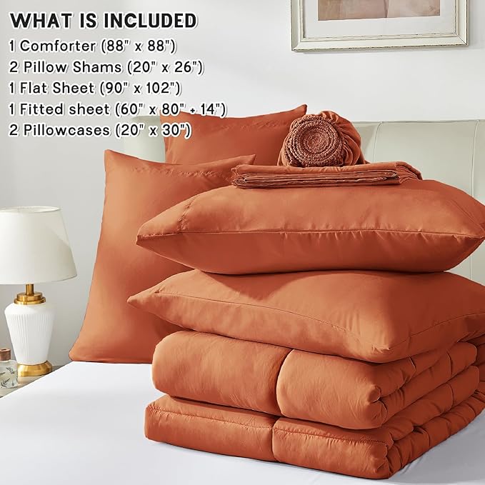 Anluoer Queen Comforter Set 7 Piece, Burnt Orange Bed in a Bag with Sheets, All Season Terracotta Bedding Comforter Sets with 1 Comforter, 2 Pillow Shams, 2 Pillowcases, 1 Flat Sheet,1 Fitted Sheet