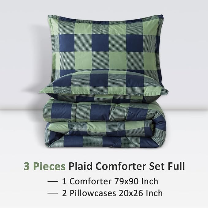 Andency Green Plaid Comforter Full(79x90Inch), 3 Pieces (1 Comforter, 2 Pillowcases) Buffalo Checkered Gingham Bed Set, Soft Geometric Bedding for Boys