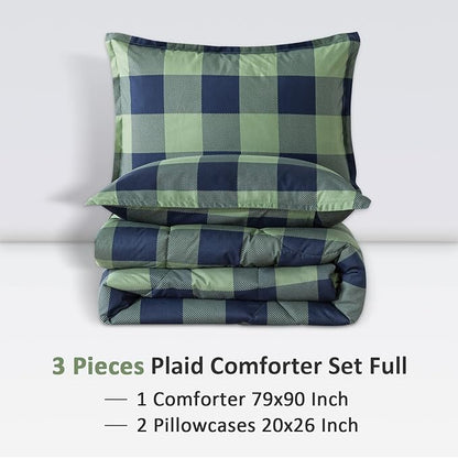 Andency Green Plaid Comforter Full(79x90Inch), 3 Pieces (1 Comforter, 2 Pillowcases) Buffalo Checkered Gingham Bed Set, Soft Geometric Bedding for Boys