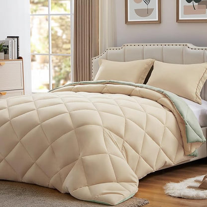 NexHome Queen Comforter Set Sage&Beige,3 Pieces Lightweight Comforters Queen Size Reversible Bedding Comforters Sets,Down Alternative Comforter Bed Set Quilt Blanket(88x88In Comforter & 2 Pillowsham)