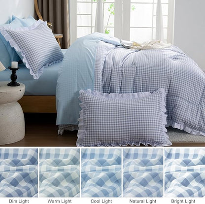 A Nice Night Comforter Twin Size,Blue Ruffle Comforter for Dorm Room Essentials for Twin Bed,Plaid Checkered Chic Bedding Bed in a Bag for Girls