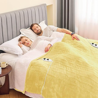 greenoak Heated Blanket Electric Queen Size 84"X90" Dual Control, Heating Blankets with 10 Levels 8 Hours Auto-Off, Soft Flannel Fluffy House Warming Gifts for Grandma Seniors Mom, Cream Yellow