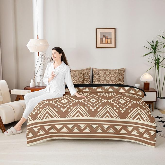 Erosebridal Western Aztec Bed in A Bag 7 Pcs Retro Native Southwestern Comforter Set for Kids Teens Rustic Ethnic Tribal Geometric Bedding Sets Queen Brown Exotic Bohemian Sheet Set with Comforter