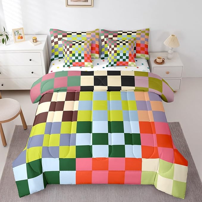 Feelyou Multicolored Checkered Retro 7 Piece Bedding Set Kids Boys Geometric Vintage Comforter Set with Sheets King Size Green Red Yellow Colorful Bed in a Bag Modern Groovy Aesthetic Room Decor